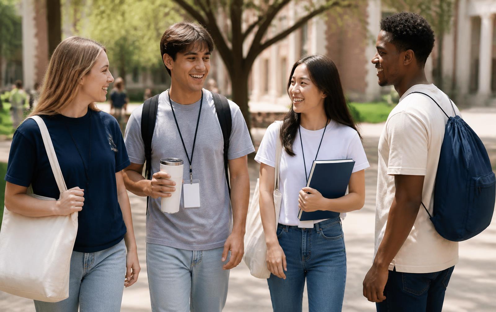 College students using custom campus essentials including branded totes, drinkware, lanyards, notebooks and apparel
