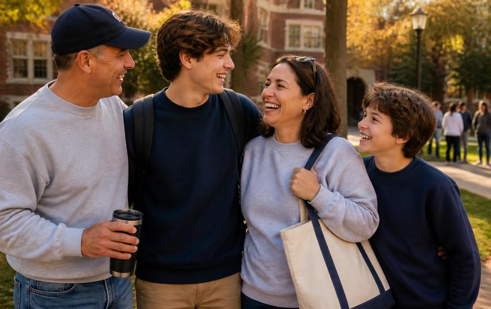 College students and families celebrating Parent and Family Weekend in custom campus apparel and accessories